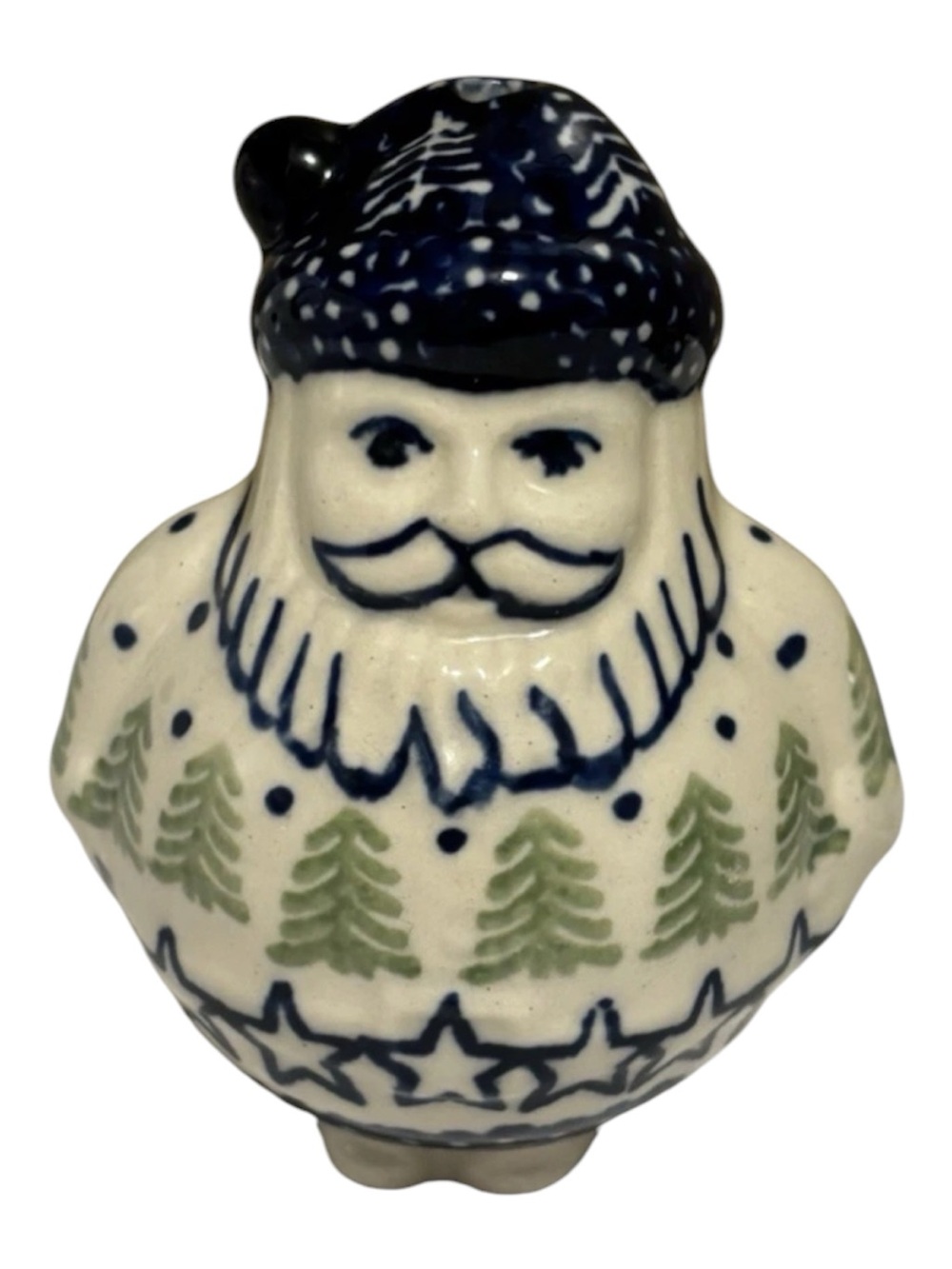 Hand-Painted Ceramic Santa Figurine  in Blue and Green Polish Pottery